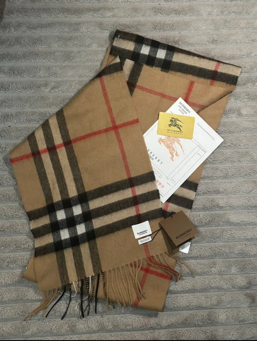 Burberry Cashmere Check Rectangle Scarf Beige Black Red.